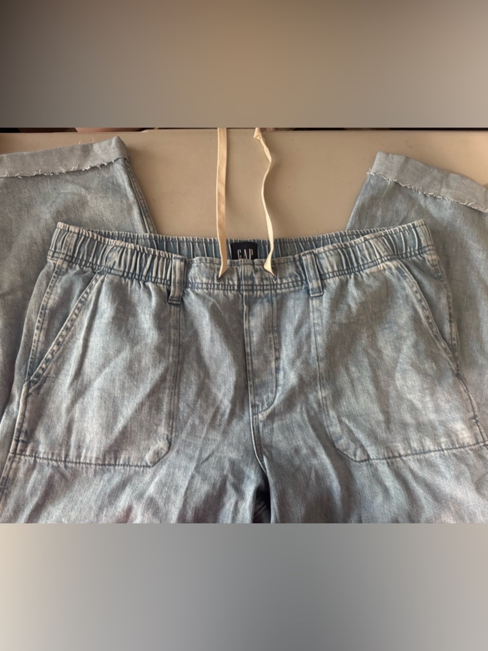 GAP Light Blue Denim Jumpsuit with Cream Drawstrings
